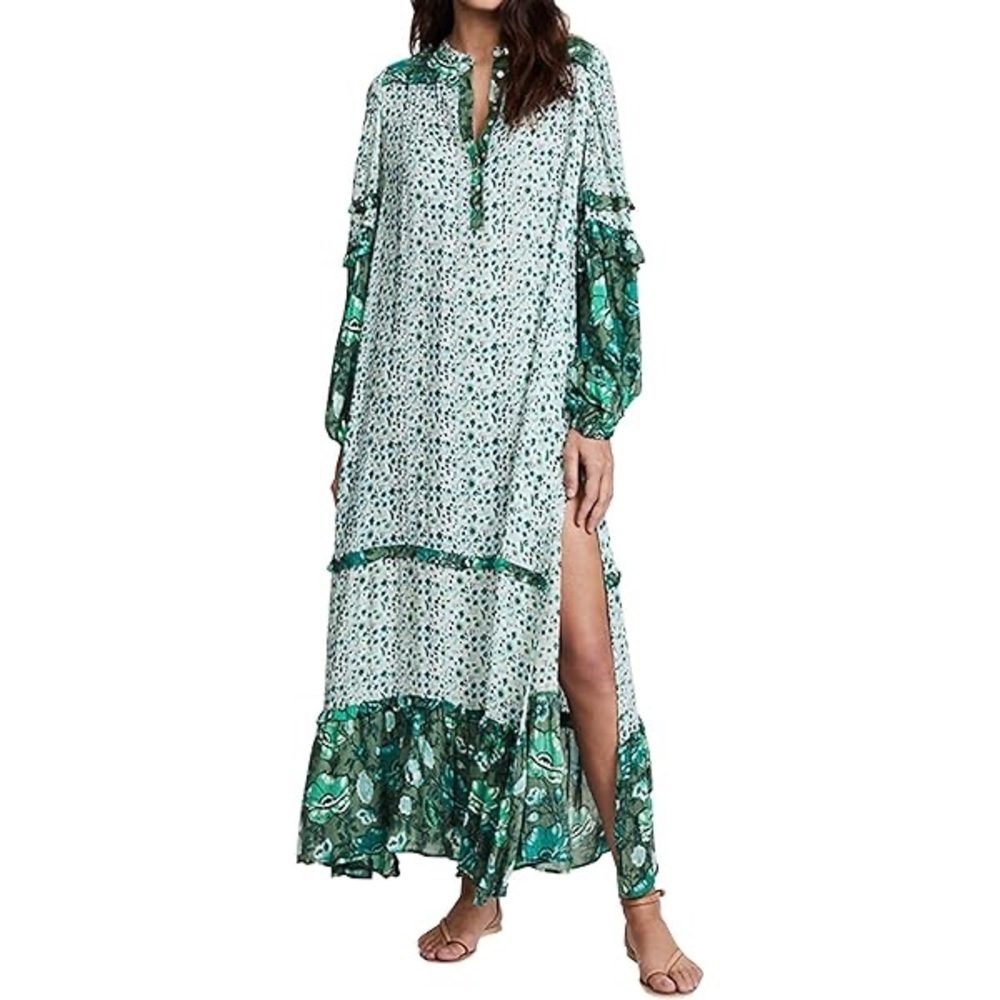 Retro Bohemian Green and White Floral Flowy Beach Vacation Maxi Dress Size XL
